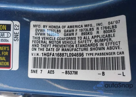2007 Honda Civic Ex z USA, uszkodzony, nr VIN 1HGFA16887L094696